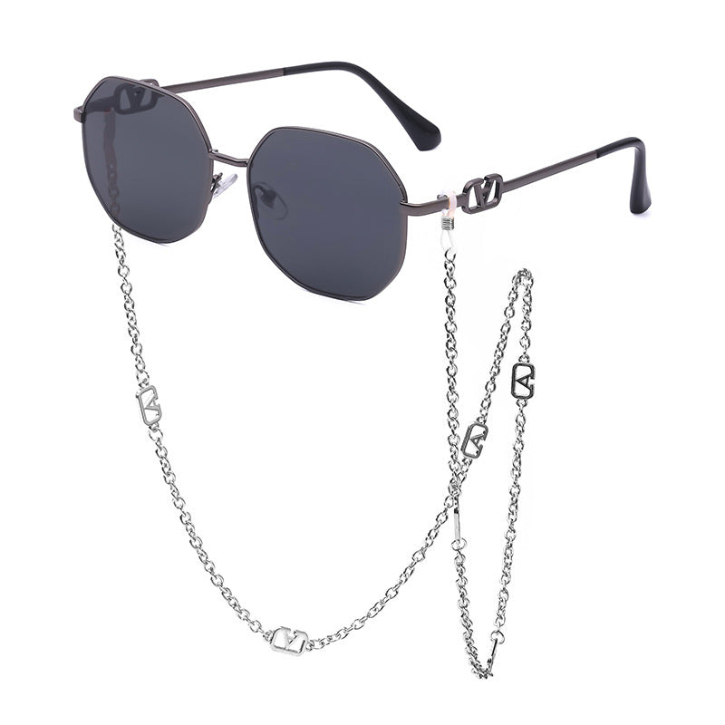 Trendy Internet Celebrity Style Anti-Drop Chain Strap Irregular Polygonal Full Frame Sunglasses