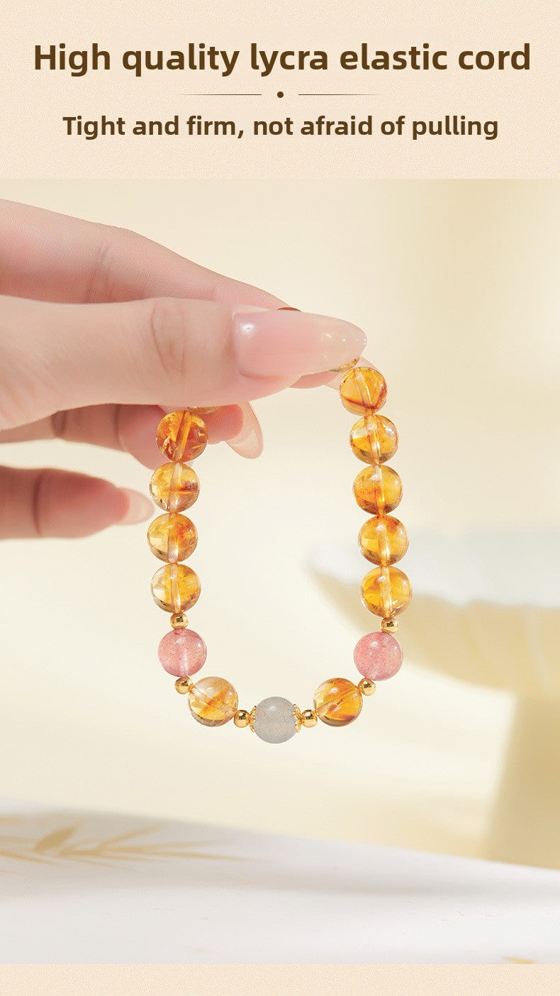 925 Sterling Silver Citrine & Strawberry Quartz Beaded Bracelet for Women | Boho Chic Gemstone Jewelry | Unique Gift for Her