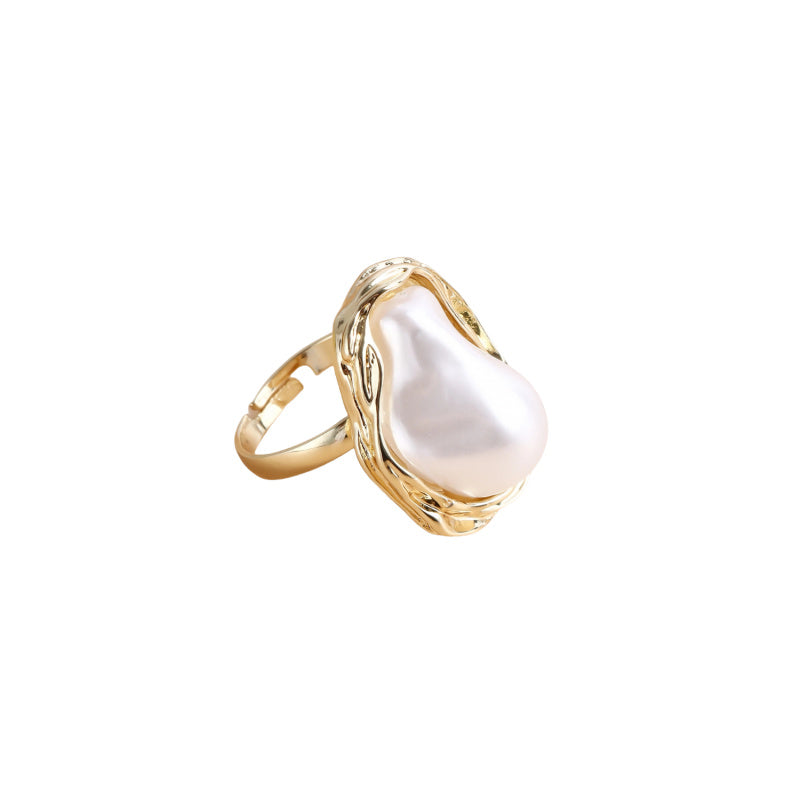 Vintage French Style Irregular Pearl Ring for Women - Exaggerated Open Adjustable Statement Ring, Unique Minimalist Design
