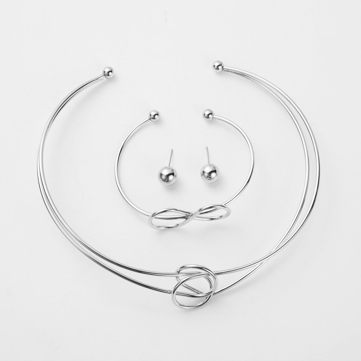 Minimalist Knotted Metal Jewelry Set - High Polish Earrings, Cuff & Choker | Contemporary Dainty Stackables