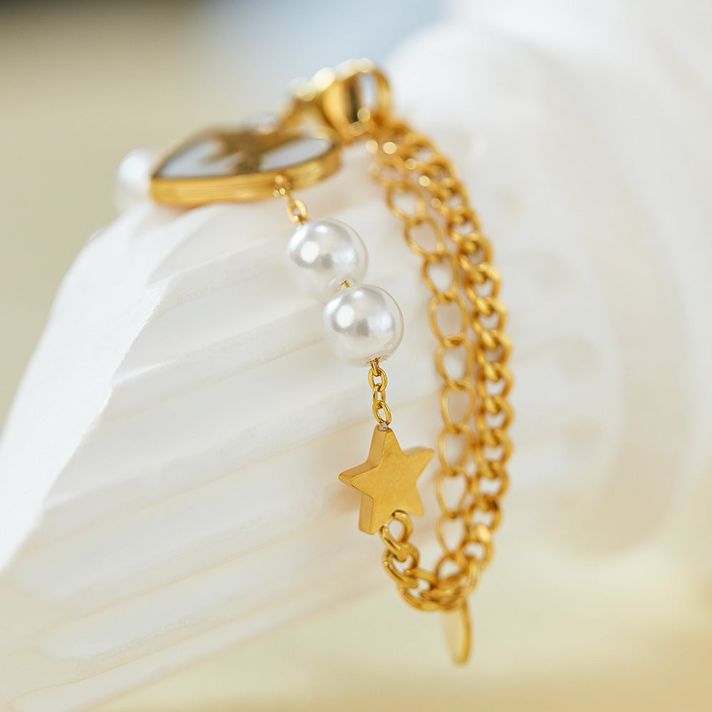 Minimalist Star Pearl Bracelet for Women - Titanium Steel Bracelet Shell Heart Pendant