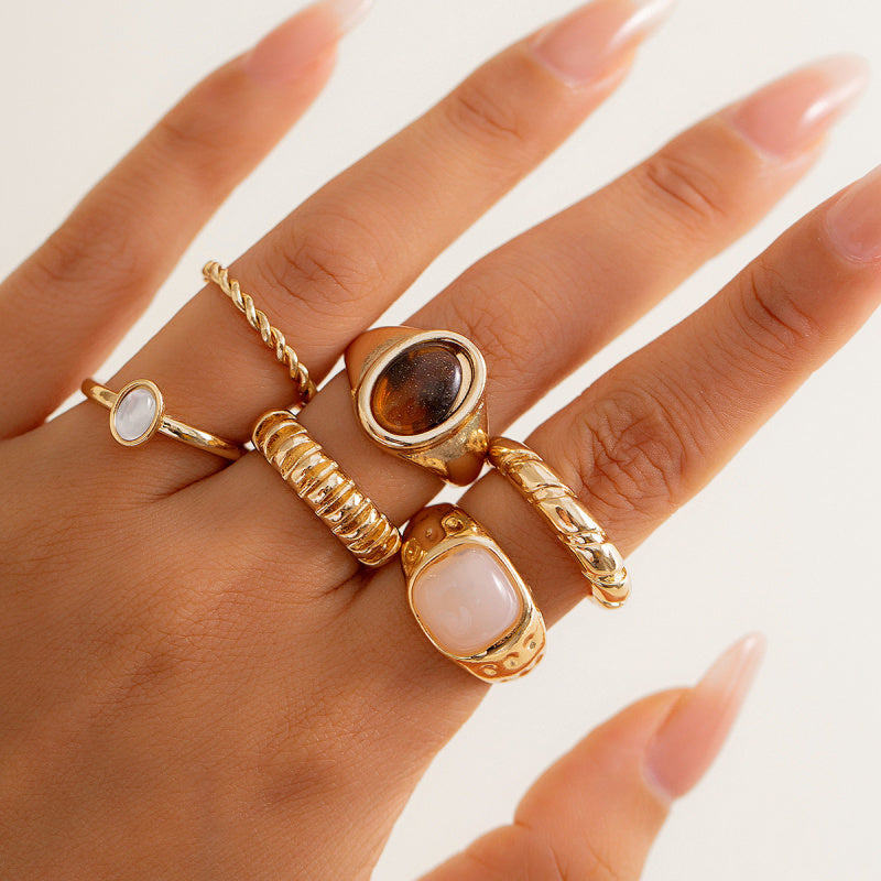 Minimalist Gemstone Rings Set - Irregular Stackable Rings for Women | Edgy Metallic Jewelry | Indie Fashion Accessory