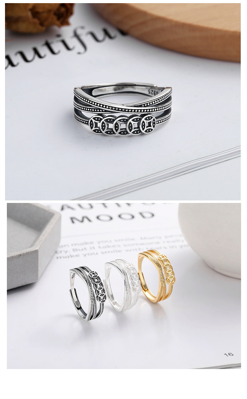 S925 Sterling Silver Ring Copper Coin Pattern Ring Vintage Oxidized Ethnic Style Multi-layer Wrapped