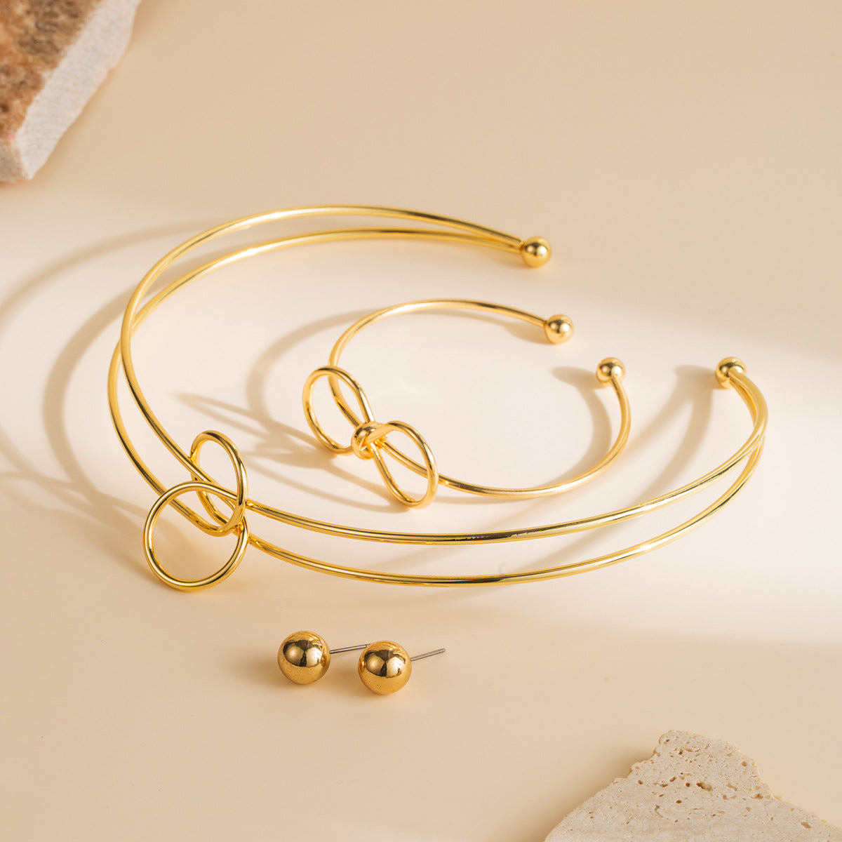 Minimalist Knotted Metal Jewelry Set - High Polish Earrings, Cuff & Choker | Contemporary Dainty Stackables