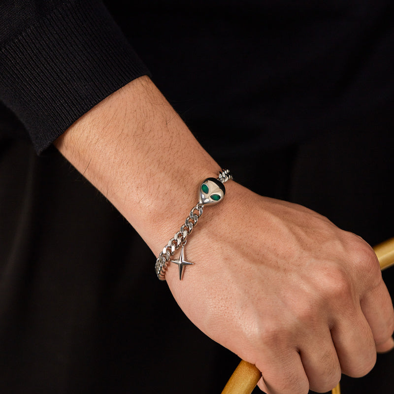 Hip Hop Cuban Chain Bracelet - Trendy Alien Pendant Stainless Steel Unisex Jewelry | Vintage Retro Adjustable Hand Chain
