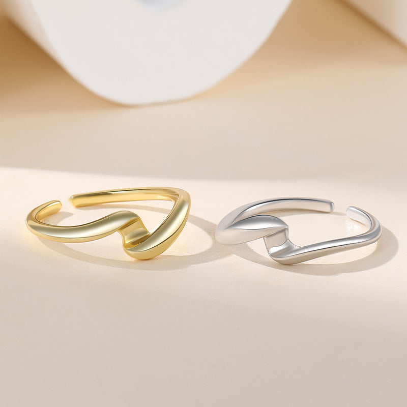 Double Ring S925 Silver Ring Plain Band Water Ripple Adjustable Ring Ins Style Simple Stacking Jewelry
