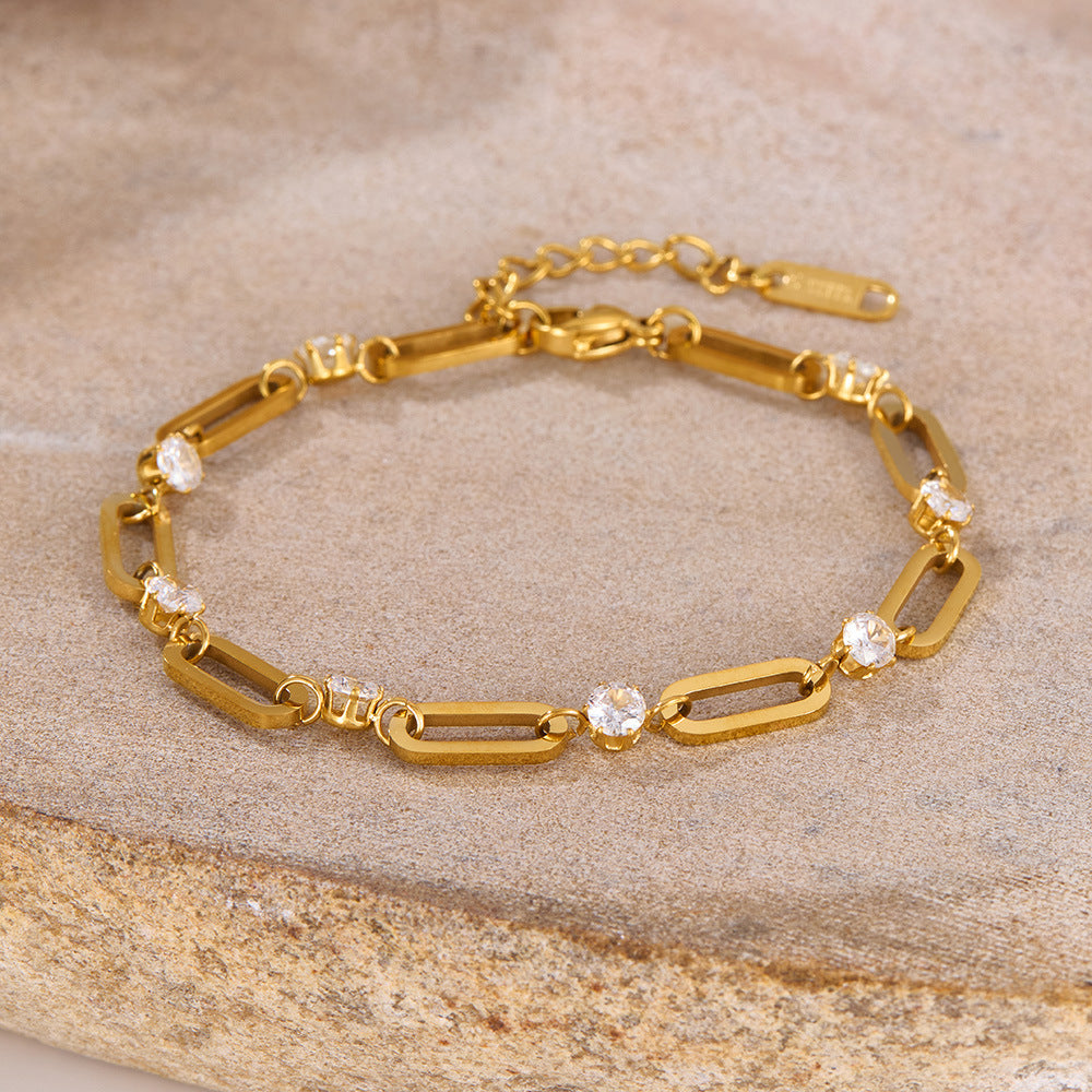 Geometric Titanium Steel Bracelet for Women - Trendy Zirconia Minimalist Jewelry | Stainless Steel Dainty Hand Chain
