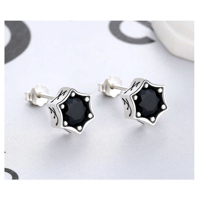 S925 Silver Stud Earrings Vintage Personality Black Diamond Hexagram Stud Earrings
