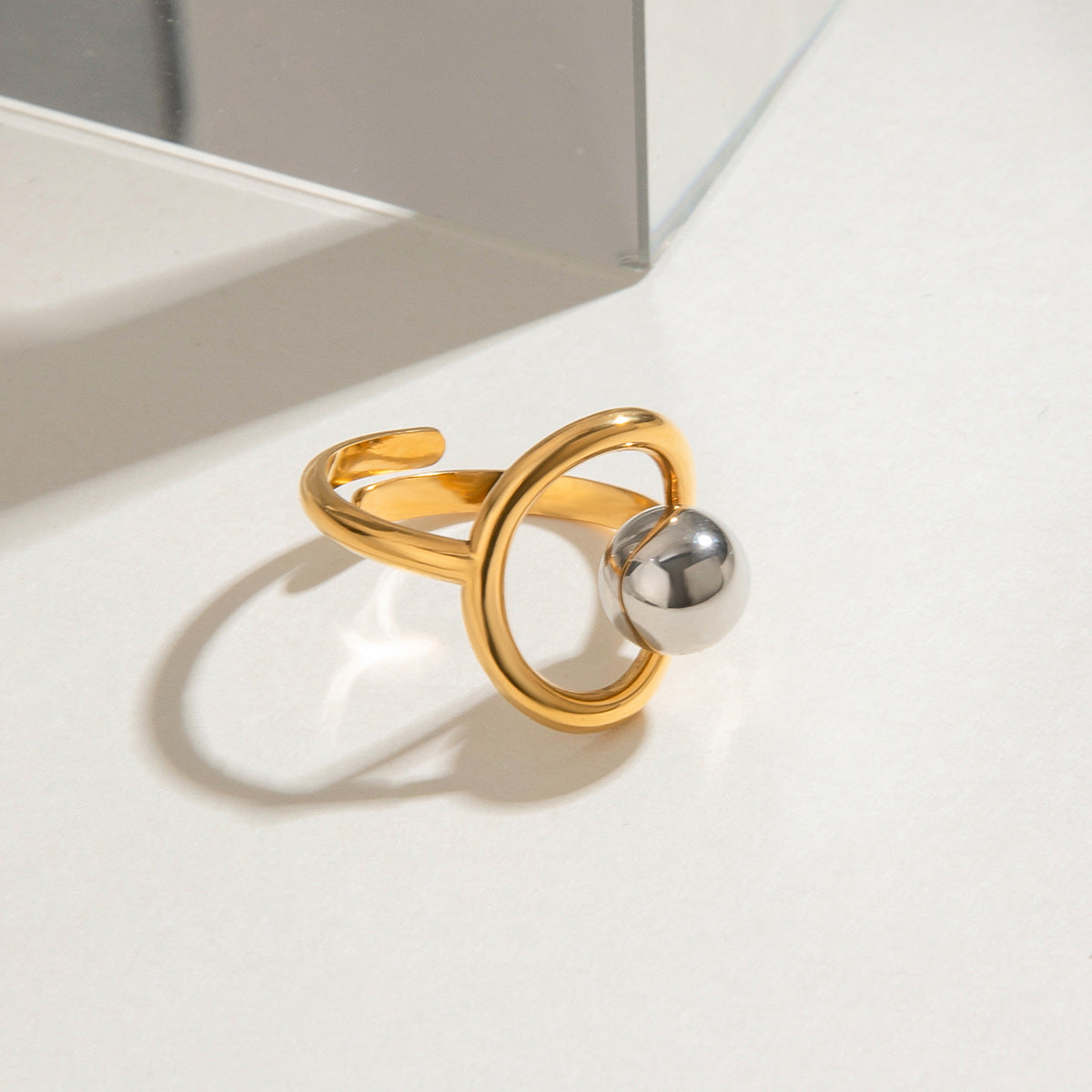 Modern Two-Tone Beaded Ring - Adjustable Open Band Titanium Steel Ring