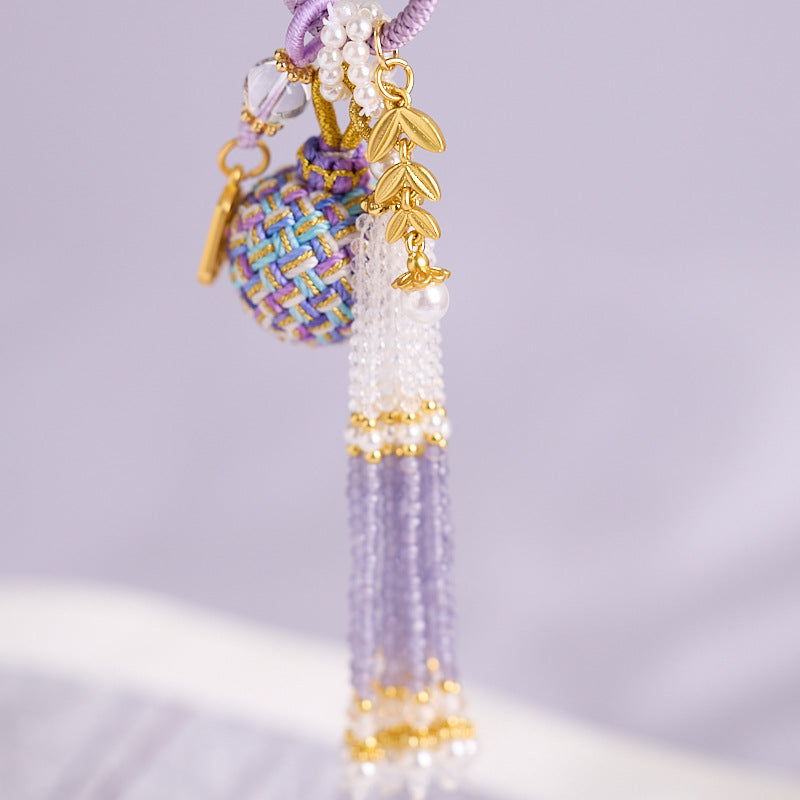 'Make It Happen' Purple Crystal Wish Fulfilling Bag Charm - Temple Style Rope Spiritual Pendant