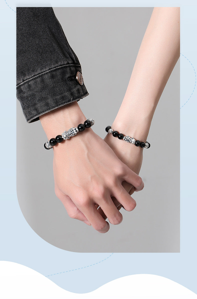 Pure Silver999Vintage Men's Accessories3D Hard Pixiu Bracelet Obsidian Bead Bracelet for Women520Valentine's Day gift for girlfriend