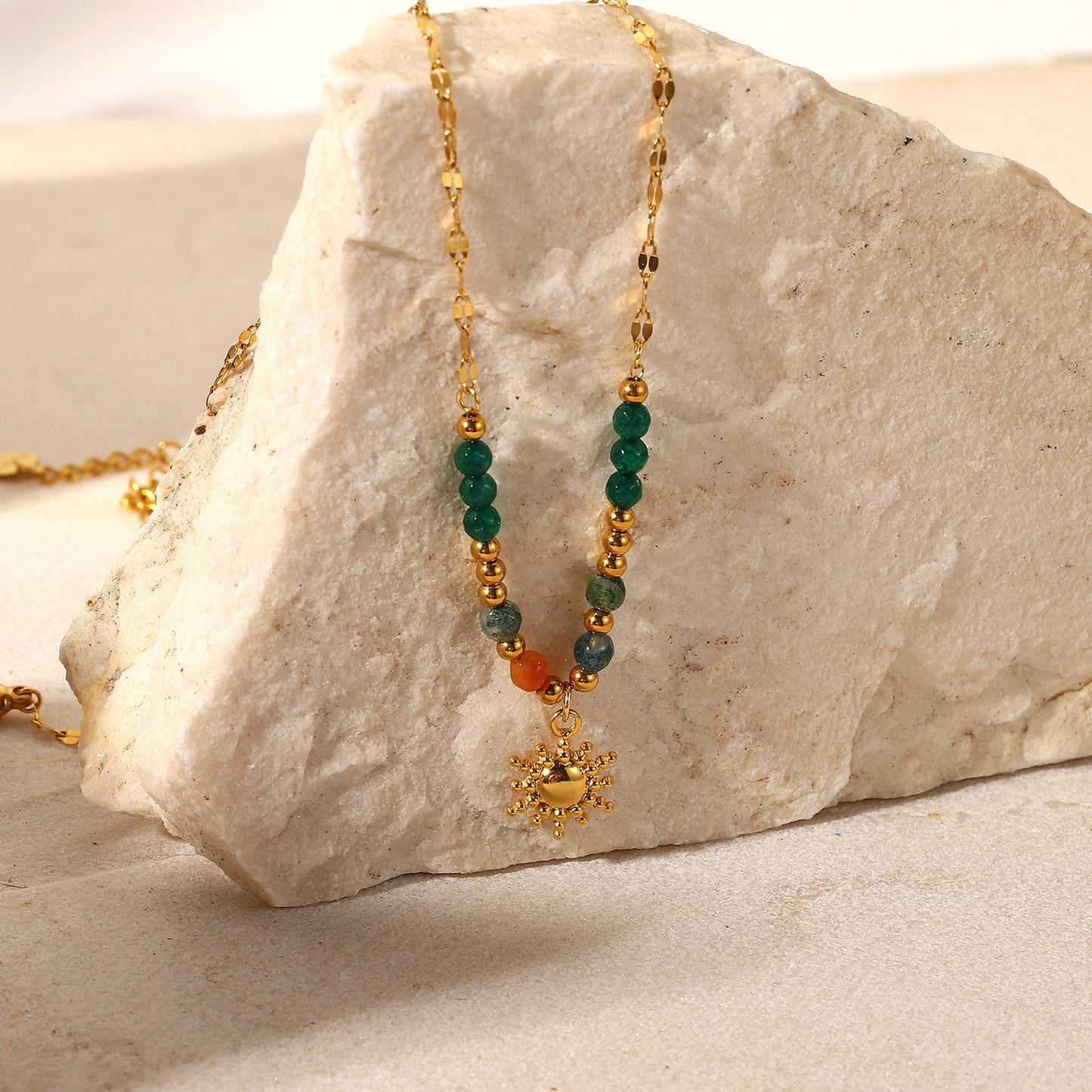 Boho Sun Pendant Stainless Steel Necklace with Natural Stone Vintage French Inspired Jewelry
