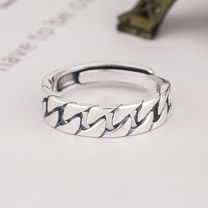 S925 Sterling Silver Korean Style Crossover Ring - Minimalist Lock Chain Square Band | Adjustable Open Stackable Ring for Women
