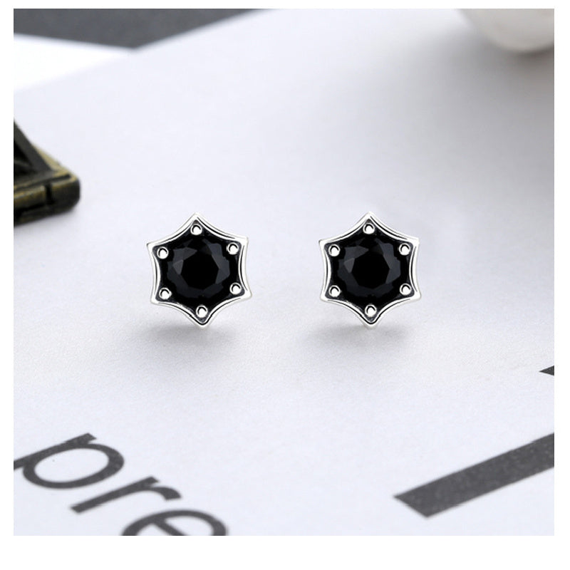 S925 Silver Stud Earrings Vintage Personality Black Diamond Hexagram Stud Earrings