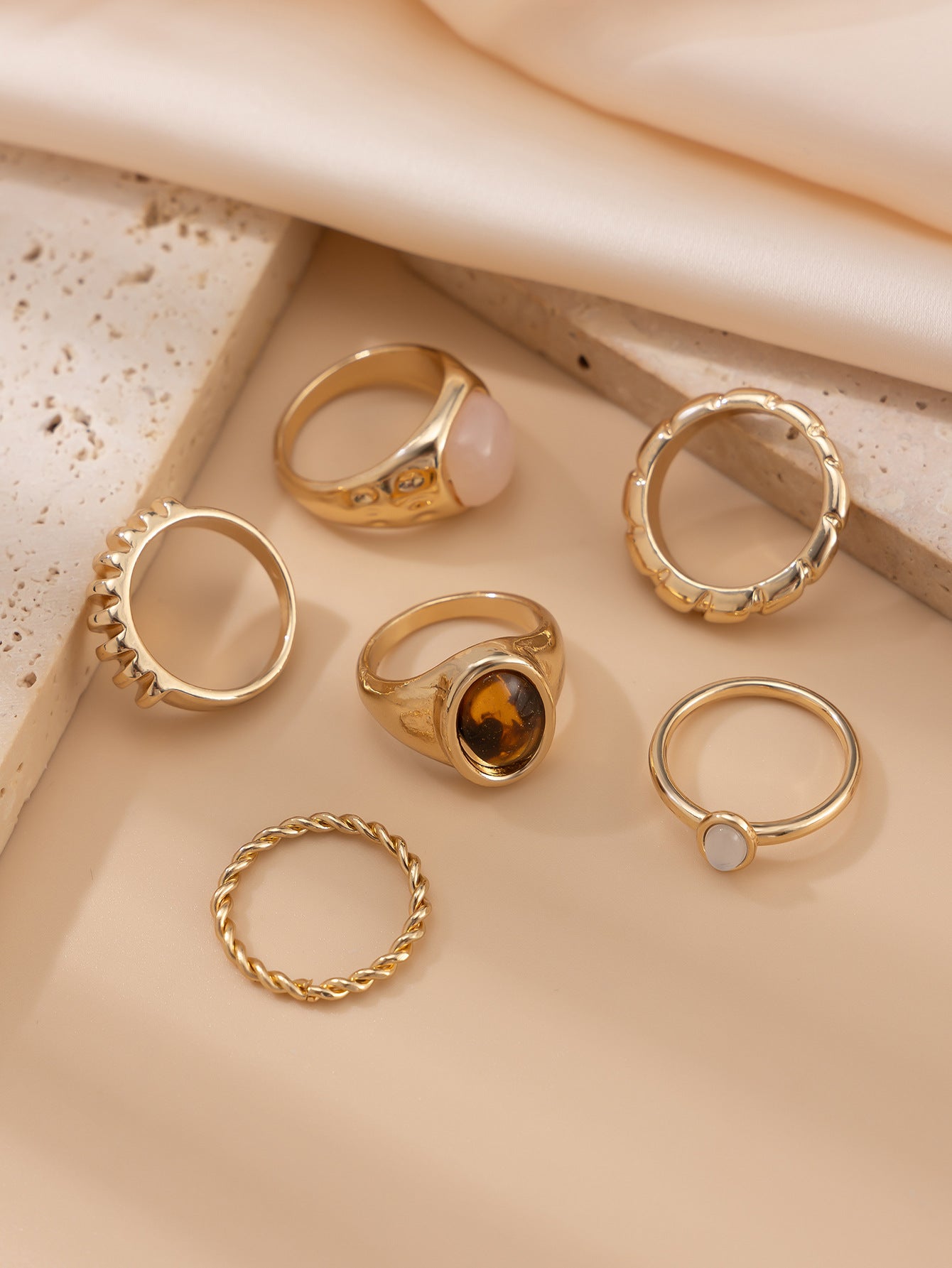 Minimalist Gemstone Rings Set - Irregular Stackable Rings for Women | Edgy Metallic Jewelry | Indie Fashion Accessory