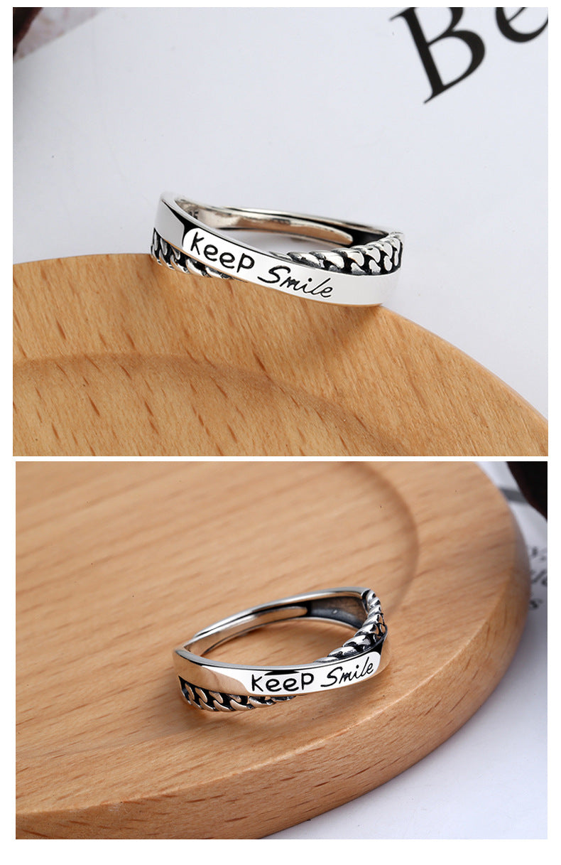 Keep Smile Words Print Cross-over S925 Sterling Silver Ring Fashion Personality INS Style