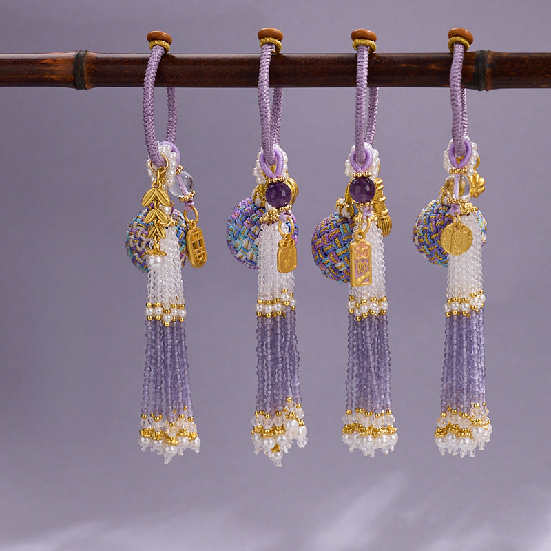 'Make It Happen' Purple Crystal Wish Fulfilling Bag Charm - Temple Style Rope Spiritual Pendant