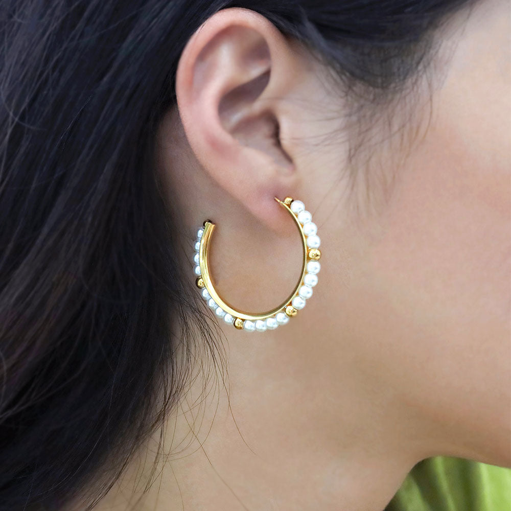 French Luxury Pearl Hoop Earrings - 18K Gold Plated Titanium Steel C-Shape Earrings