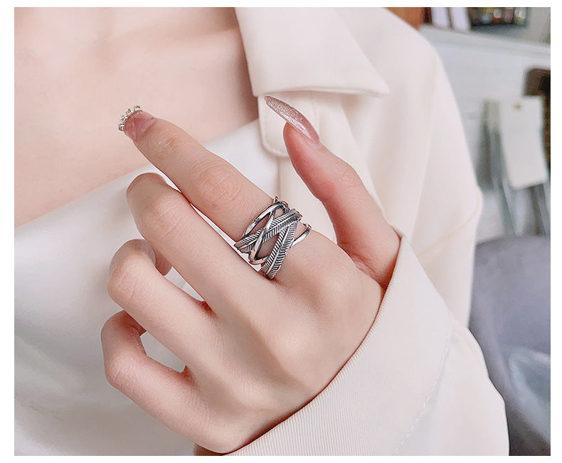 S925 Sterling Silver Ring Classic Feather Line Cross Trendy Adjustable