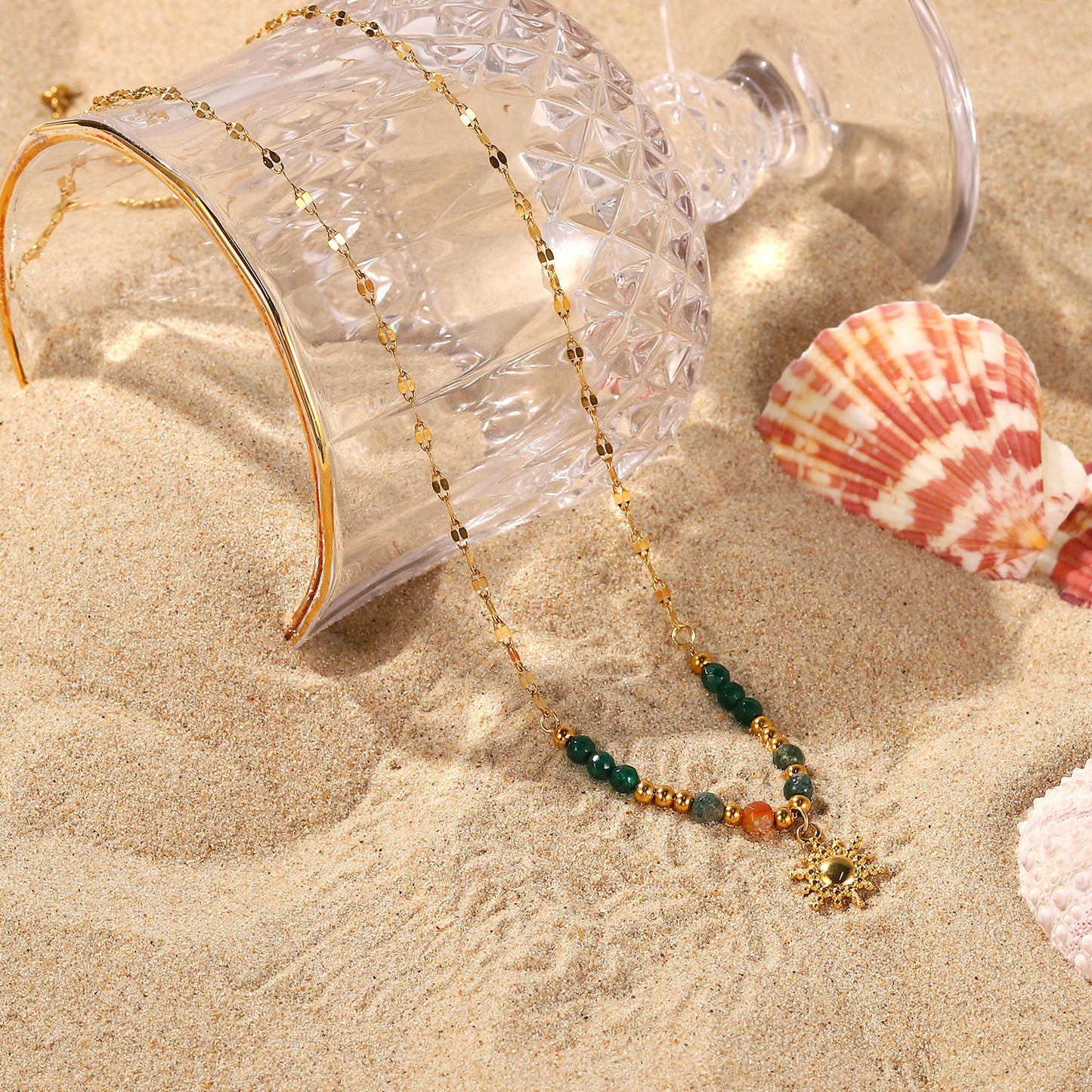 Boho Sun Pendant Stainless Steel Necklace with Natural Stone Vintage French Inspired Jewelry