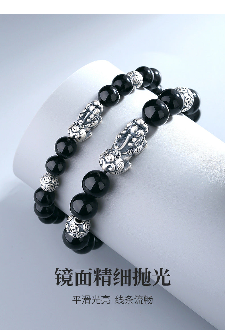 Pure Silver999Vintage Men's Accessories3D Hard Pixiu Bracelet Obsidian Bead Bracelet for Women520Valentine's Day gift for girlfriend