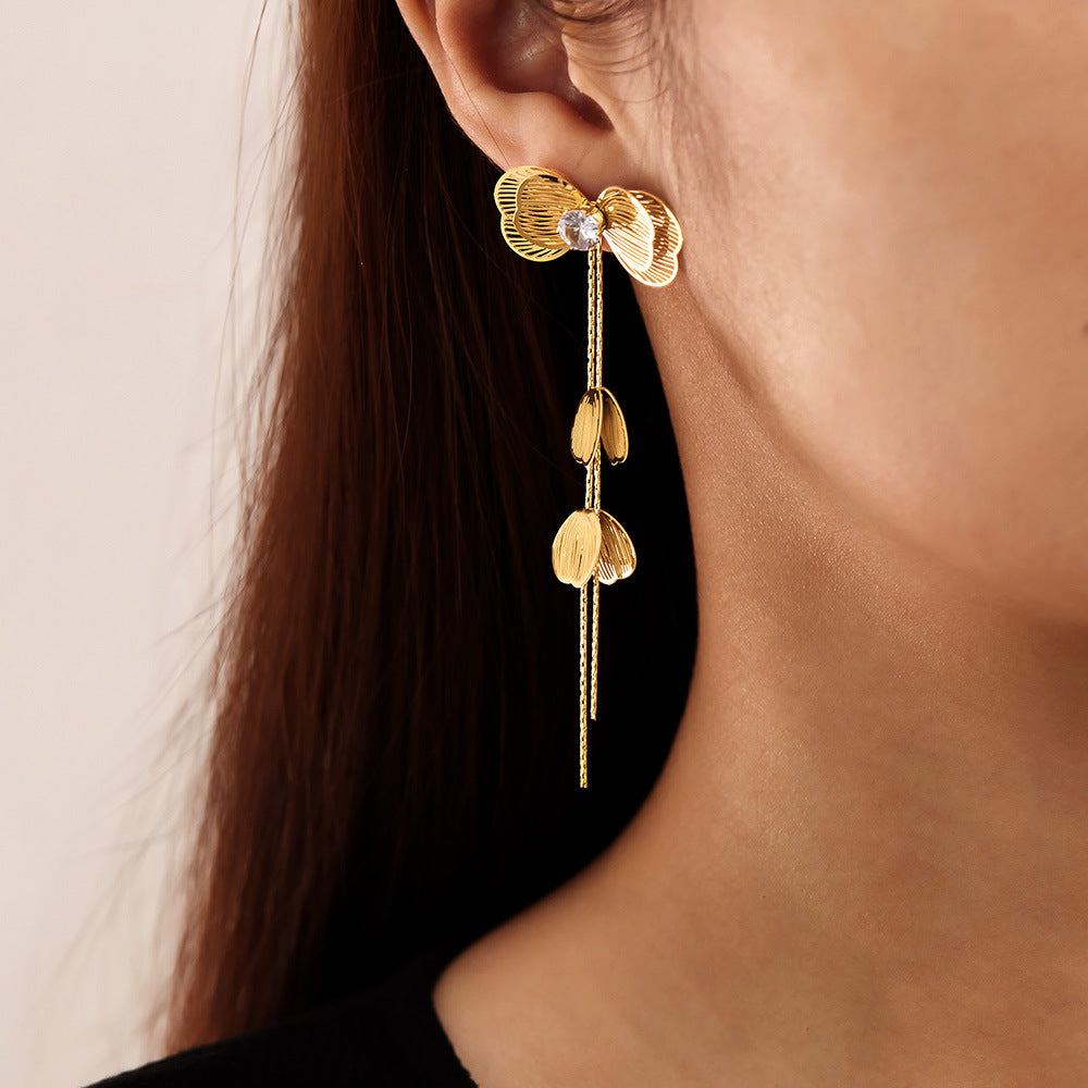 Vintage Luxe Titanium Steel Earrings – Crystal-Embellished Butterfly Dangle Earrings with Tassel
