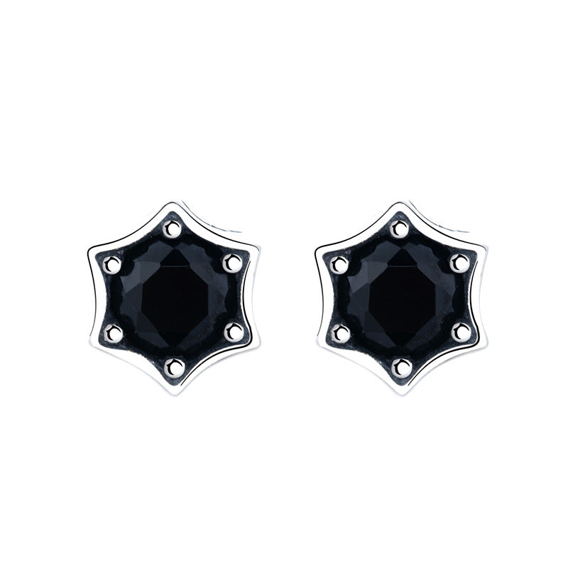 S925 Silver Stud Earrings Vintage Personality Black Diamond Hexagram Stud Earrings