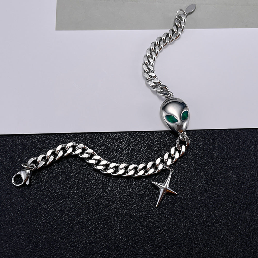 Hip Hop Cuban Chain Bracelet - Trendy Alien Pendant Stainless Steel Unisex Jewelry | Vintage Retro Adjustable Hand Chain