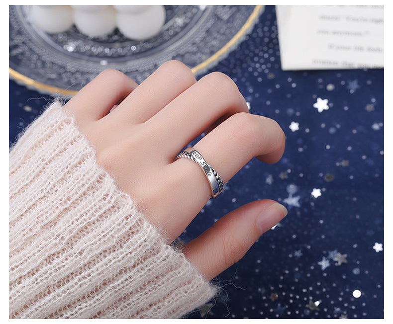 Keep Smile Words Print Cross-over S925 Sterling Silver Ring Fashion Personality INS Style
