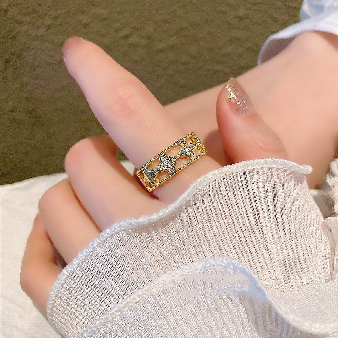 Luxury Hollow Clover Ring - Four-Leaf Diamond Accent Open Band, Dainty Stackable Gold/Silver Ring for Women