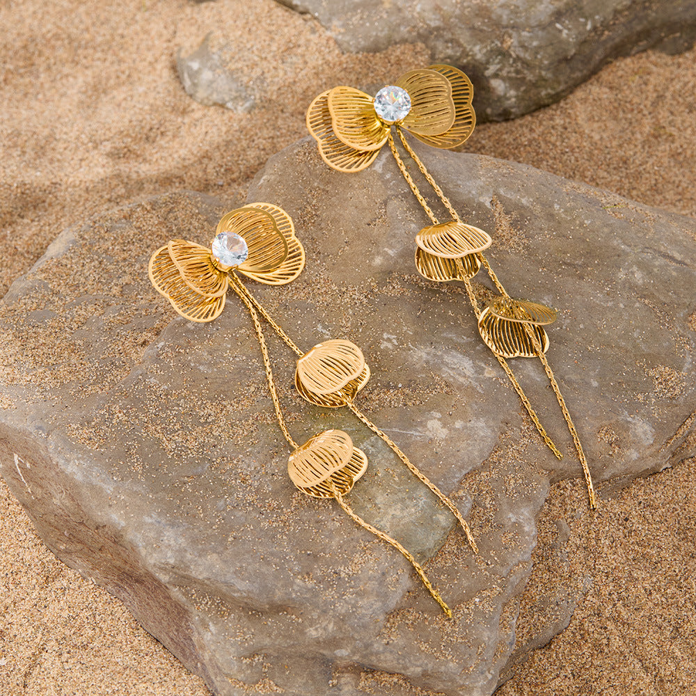 Vintage Luxe Titanium Steel Earrings – Crystal-Embellished Butterfly Dangle Earrings with Tassel