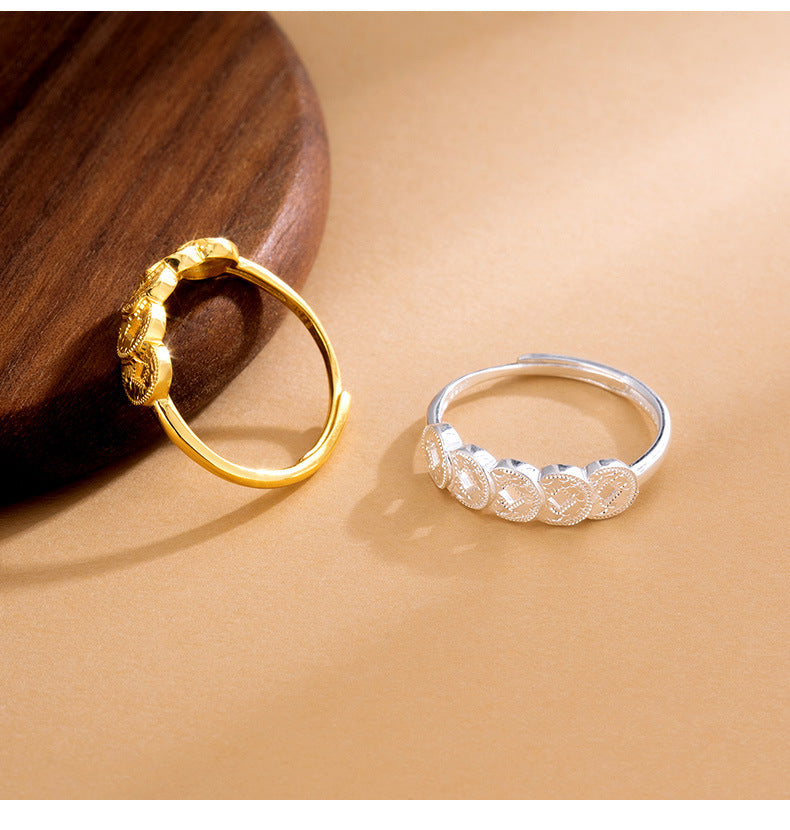 S925 Sterling Silver Ring Money Comes in Abundance Copper Coin Ring New Chinese Style National Trend Crushed Ice Five Emperor Coins Fashion CNC Ring