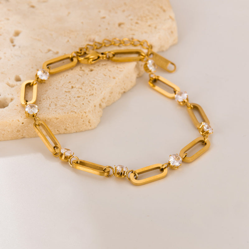 Geometric Titanium Steel Bracelet for Women - Trendy Zirconia Minimalist Jewelry | Stainless Steel Dainty Hand Chain