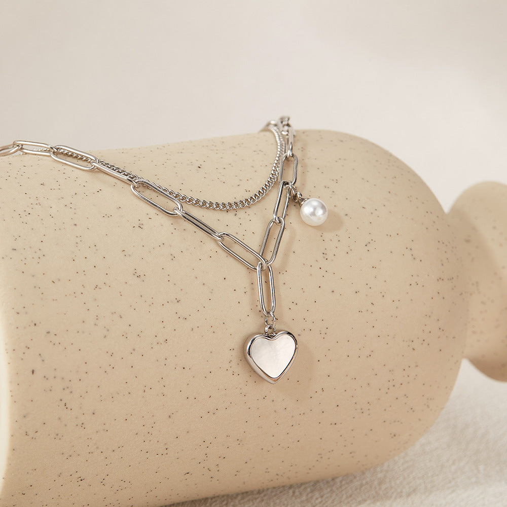 Luxury Double Layer Titanium Steel Pearl Bracelet for Women - Fashion Adjustable Heart Pendant Dainty Hand Jewelry