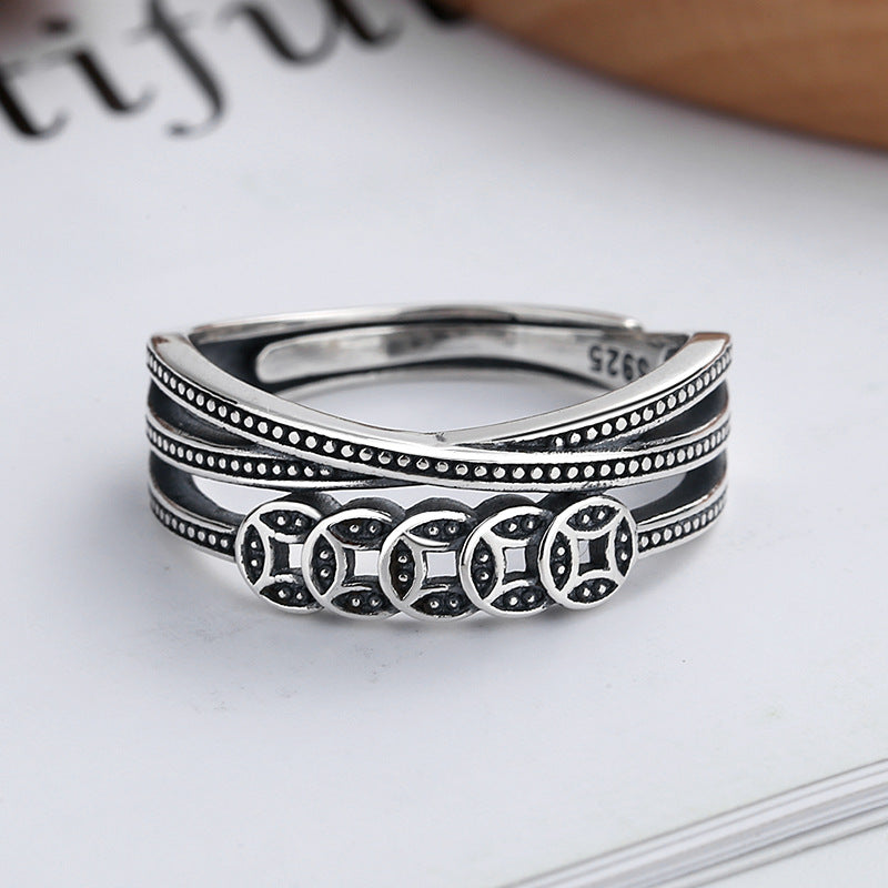 S925 Sterling Silver Ring Copper Coin Pattern Ring Vintage Oxidized Ethnic Style Multi-layer Wrapped