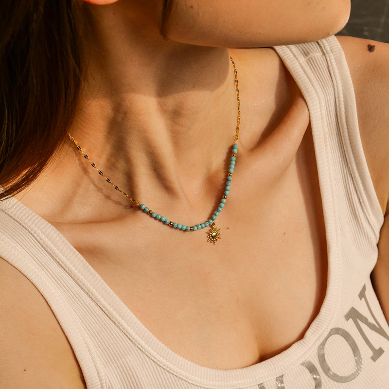 Sun Pendant Necklace for Women Turquoise Gemstone Titanium Steel Chain
