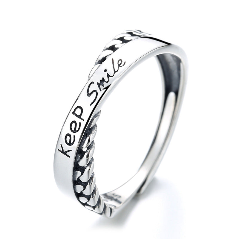 Keep Smile Words Print Cross-over S925 Sterling Silver Ring Fashion Personality INS Style