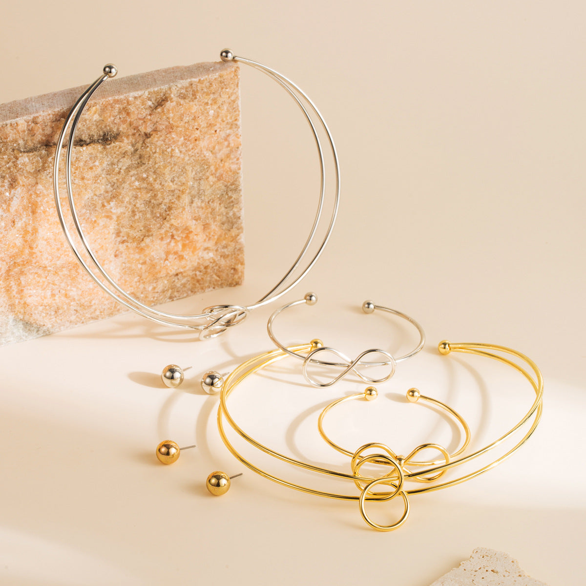 Minimalist Knotted Metal Jewelry Set - High Polish Earrings, Cuff & Choker | Contemporary Dainty Stackables