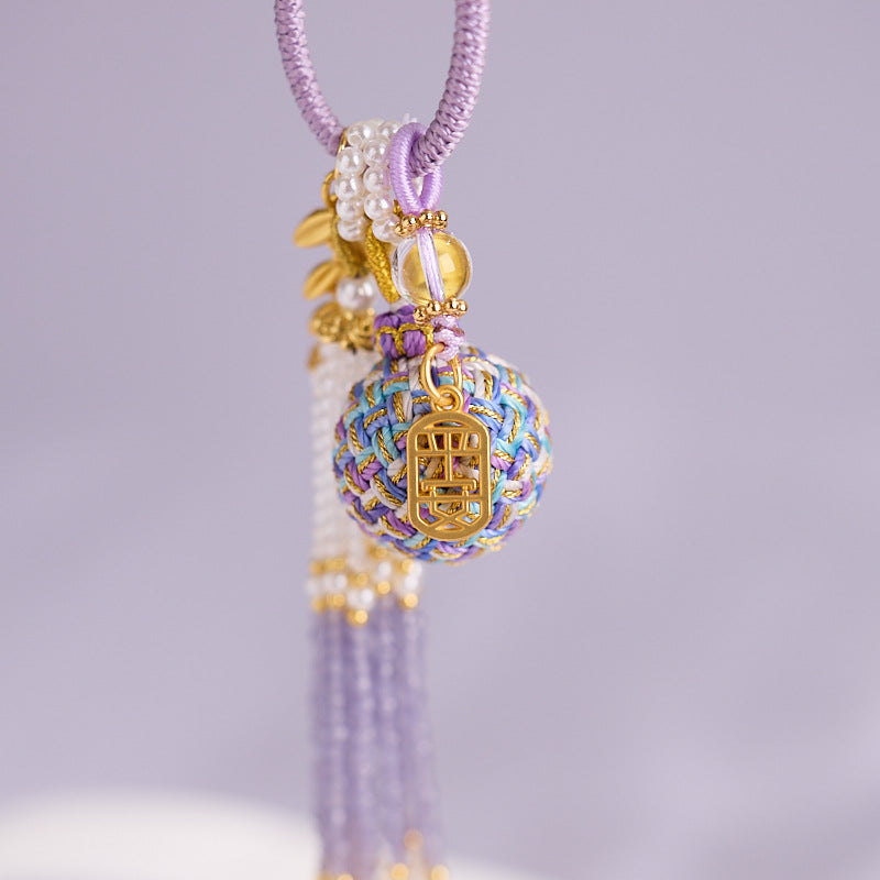 'Make It Happen' Purple Crystal Wish Fulfilling Bag Charm - Temple Style Rope Spiritual Pendant