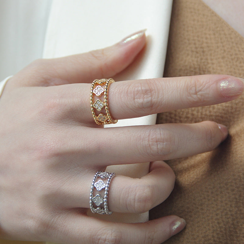 Luxury Hollow Clover Ring - Four-Leaf Diamond Accent Open Band, Dainty Stackable Gold/Silver Ring for Women