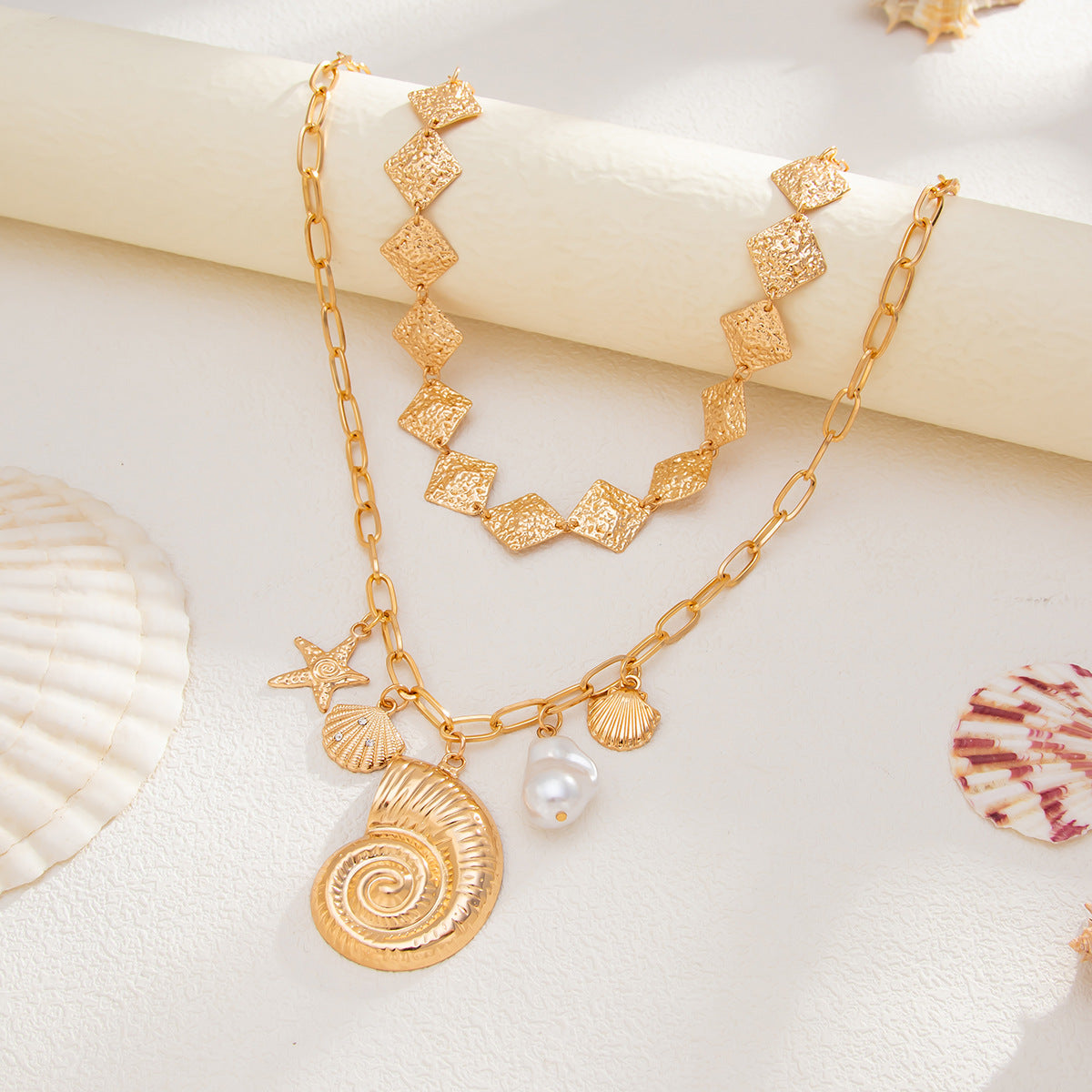 Starfish & Seashell Pendant Layered Necklace