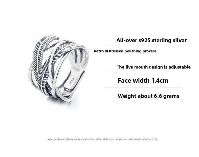 S925 Sterling Silver Ring Classic Feather Line Cross Trendy Adjustable