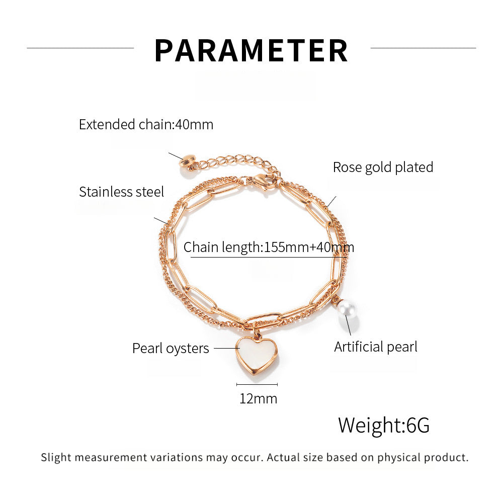 Luxury Double Layer Titanium Steel Pearl Bracelet for Women - Fashion Adjustable Heart Pendant Dainty Hand Jewelry