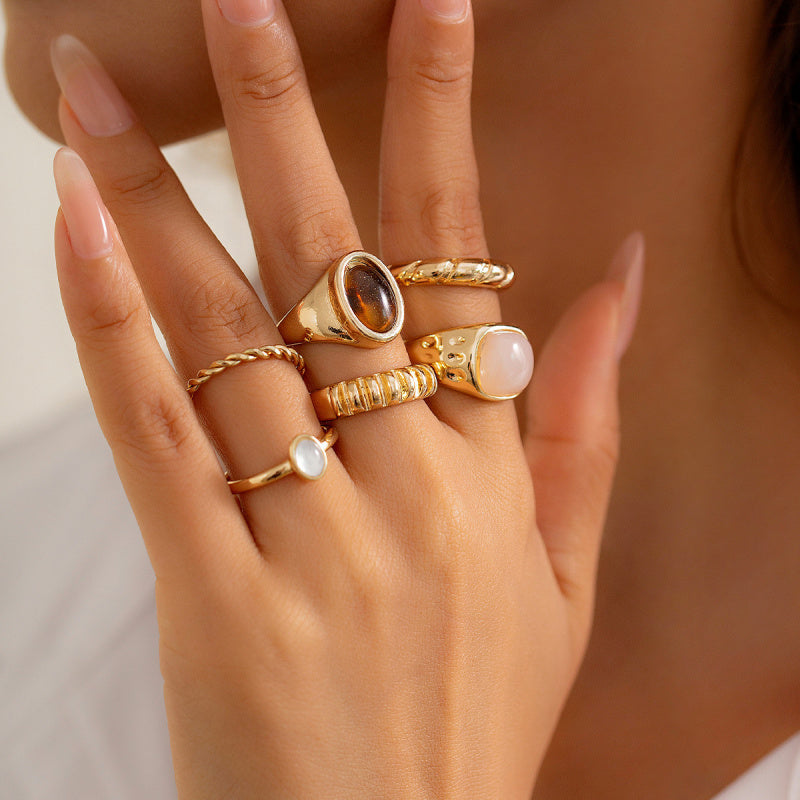 Minimalist Gemstone Rings Set - Irregular Stackable Rings for Women | Edgy Metallic Jewelry | Indie Fashion Accessory