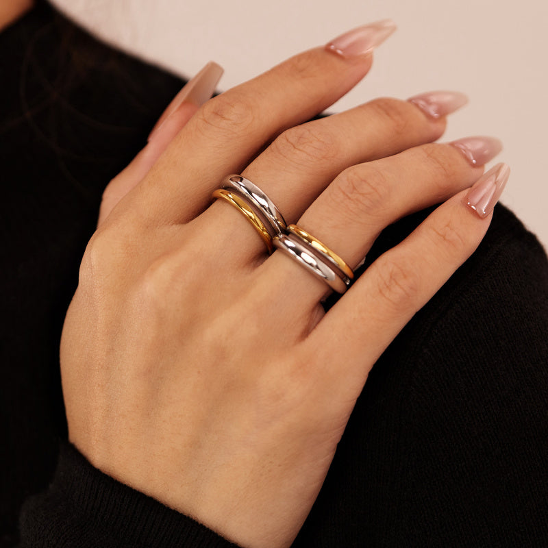 French Style Two-Tone Titanium Steel Ring - Minimalist Unisex Jewelry | Trendy Stackable Band