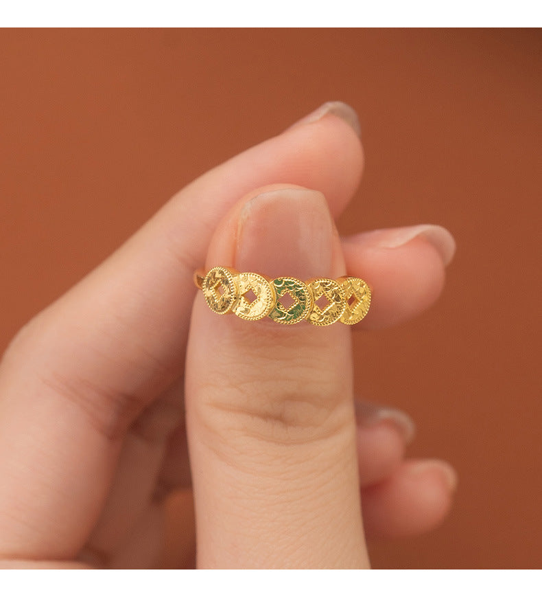 S925 Sterling Silver Ring Money Comes in Abundance Copper Coin Ring New Chinese Style National Trend Crushed Ice Five Emperor Coins Fashion CNC Ring