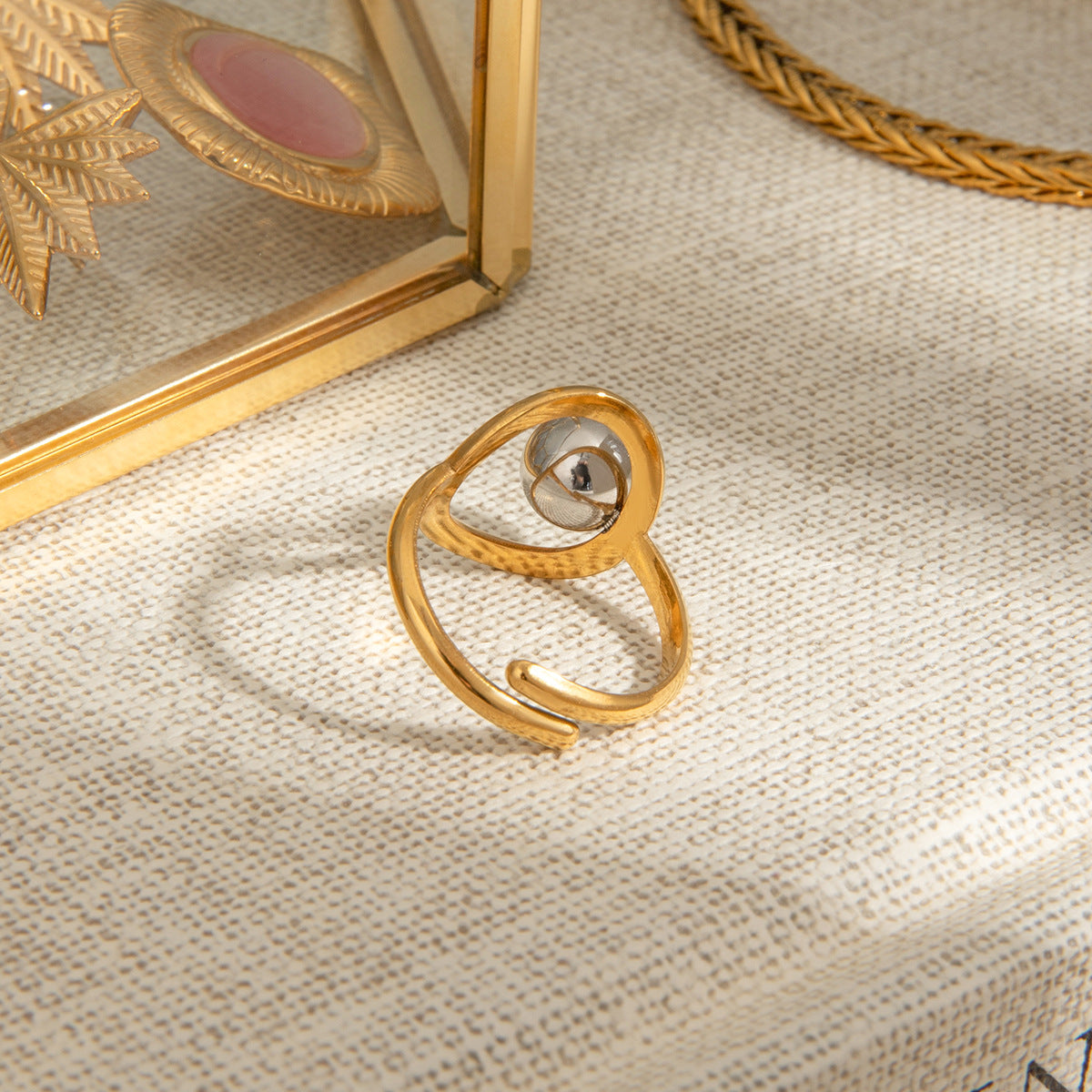 Modern Two-Tone Beaded Ring - Adjustable Open Band Titanium Steel Ring