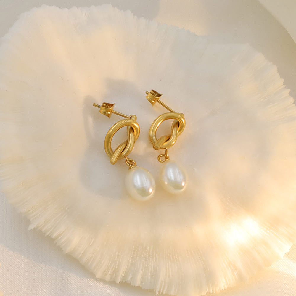 Titanium Steel Chanel Inspired Pearl Pendant Hoops Minimalist Studs for Women