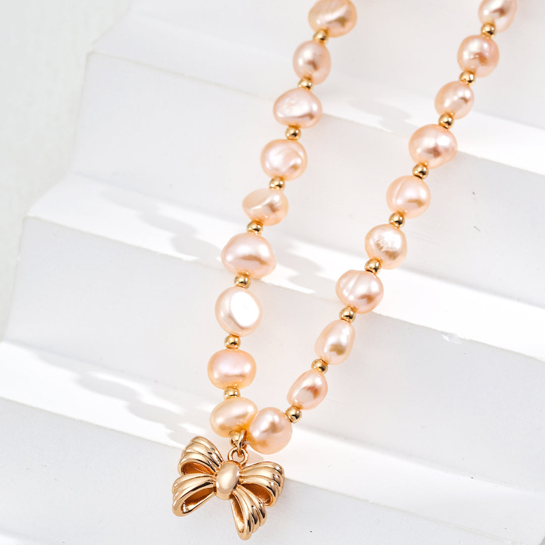 Natural Pearl Necklace with Sterling Silver Bow Pendant - Dainty & Elegant Jewelry Gift