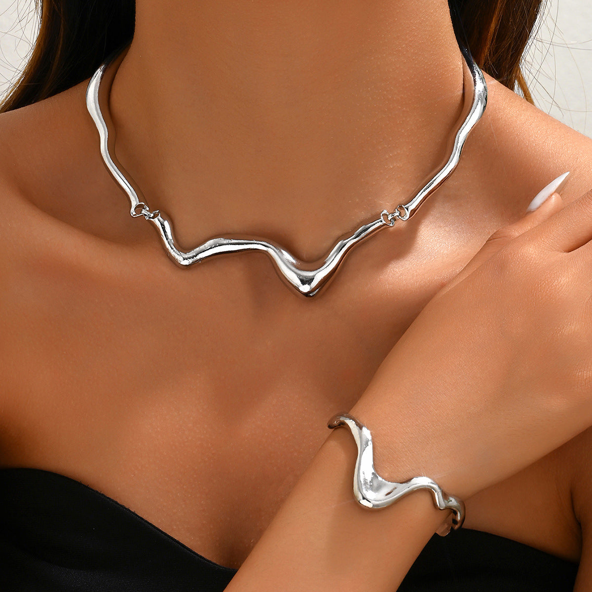 Liquid Lava Metal Jewelry Set for Women - Modern Twist Collar Necklace & Bracelet | Edgy Contemporary Statement Set